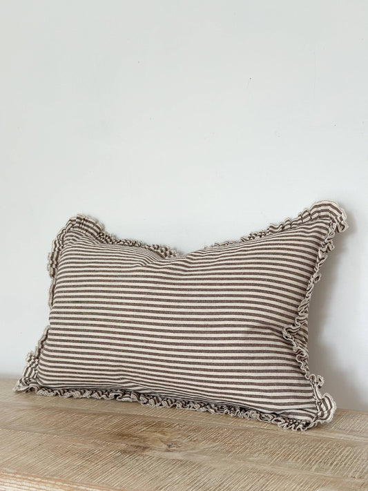 Darcy Ruffle Cushion - Dark Brown Stripe (50x30cm)