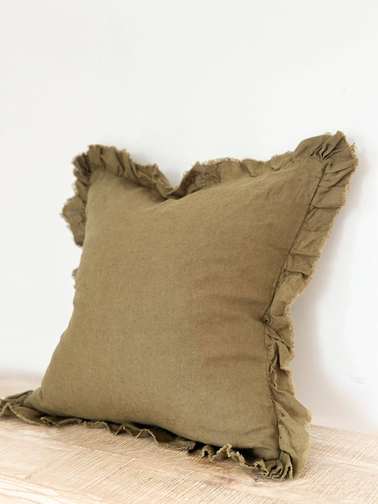 Hallie Ruffle Cushion – Olive (45x45cm)