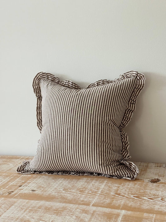 Darcy Ruffle Cushion – Dark Brown Stripe (65x65cm)