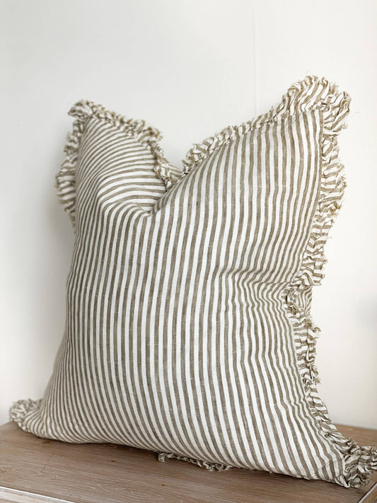 Hallie Ruffle Cushion Cover – Olive Stripe (45x45cm)