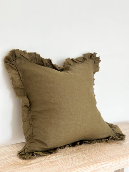 Hallie Ruffle Cushion – Olive (45x45cm)