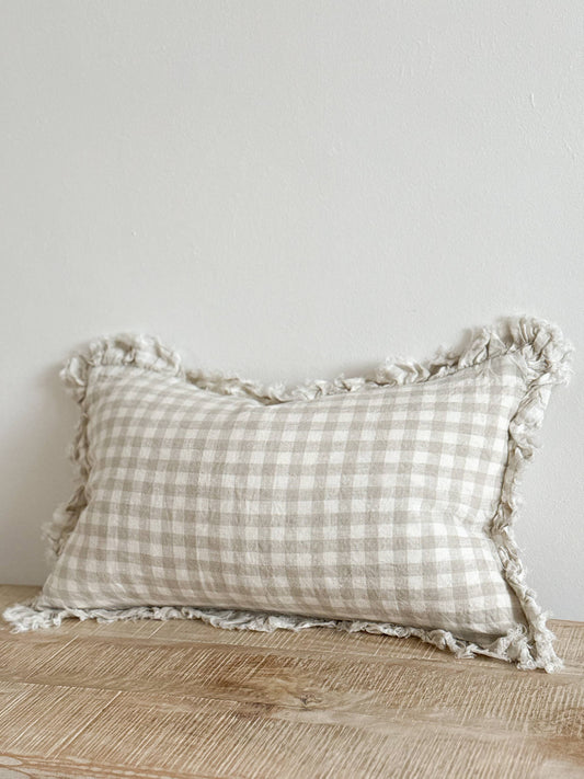 Hallie Gingham Ruffle Cushion – Natural (50x30cm)